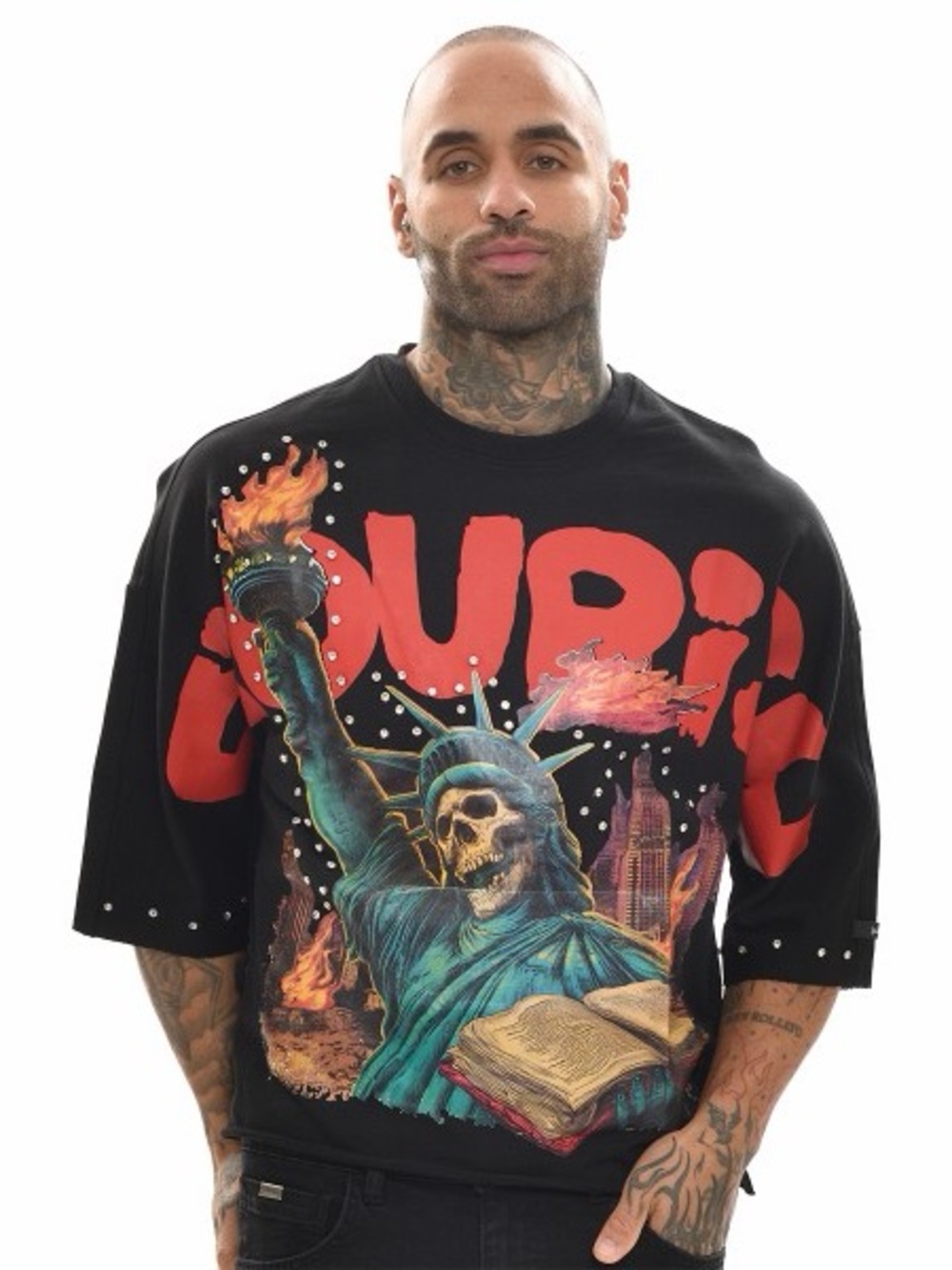 Black Graphic Skull Statue of Liberty Short Sleeve Tee